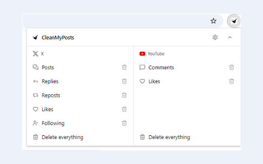 CleanMyPosts :: Bulk-delete your posts, replies, reposts, likes and followings on X, and your comments and liked videos on YouTube.