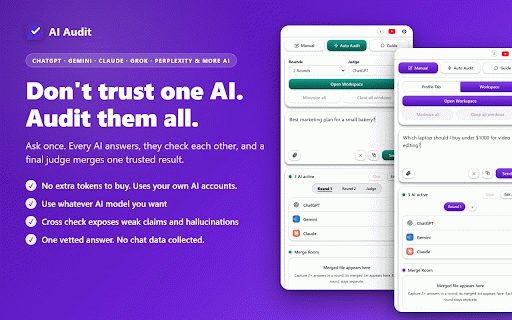 AI Audit: Auto Compare All AI Answers. ChatGPT, Gemini, Claude & More AI :: Press send once, auto compare all AI answers into one trusted result. No chat data collected, no conversations read.