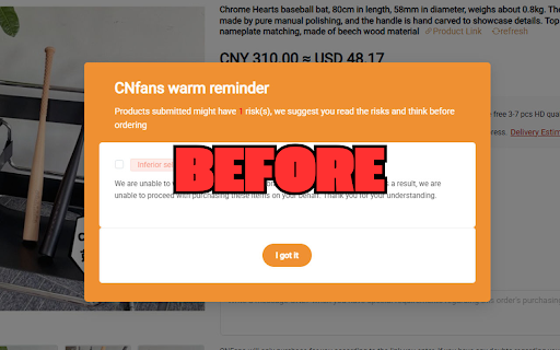 CNFANS Risk Reminder Remover (2025) :: Removes popups and UI elements on CNFans. Uses a referral only with user consent.