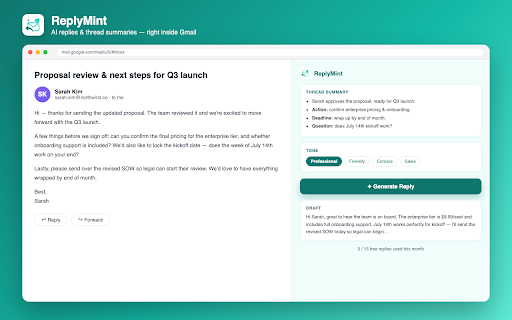 ReplyMint :: Generate smart AI replies directly inside Gmail.