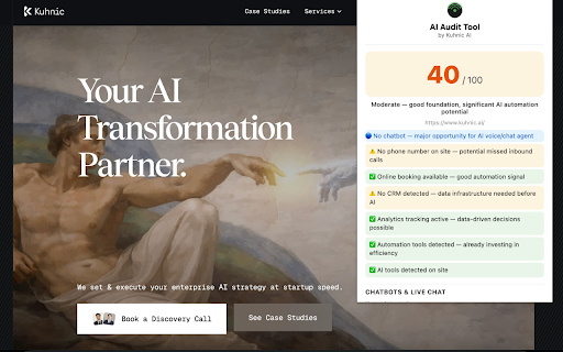 AI Audit Tool by Kuhnic :: Instantly scan any website for AI adoption signals. See chatbots, automation tools, and phone systems in one click.