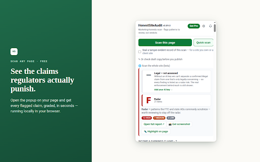 HonestSiteAudit — Marketing Honesty Scanner :: See the marketing claims, dark patterns & disclosure gaps regulators scrutinize on your page — and how to make each more honest.