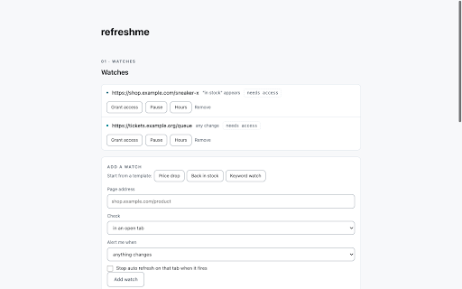 refreshme — Auto Refresh & Page Monitor :: Auto refresh tabs and watch pages for changes. Local-first: no account, no servers, no tracking.
