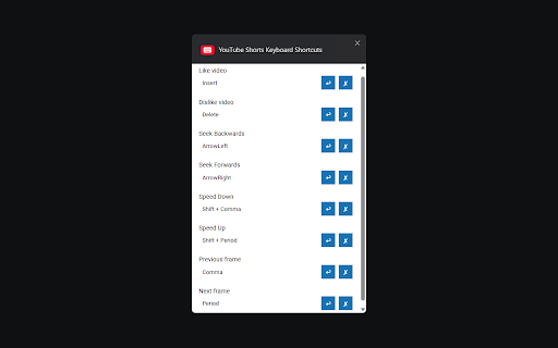 YouTube Shorts Keyboard Shortcuts :: This extension adds various keyboard shortcuts to YouTube Shorts to change speed, to seek and to quickly like or dislike videos.
