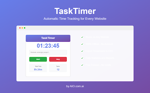 TaskTimer :: Track time on any website. Get automatic timesheets. By AIO.com.ai