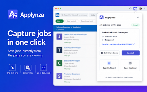 Applynza :: A privacy-first browser extension for saving, organizing, and tracking job applications directly from job boards.