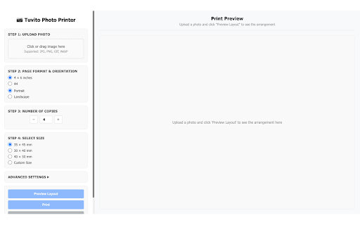 Tuvito Photo Printer :: Convert photos to passport size and arrange them for printing on 4x6 or A4 pages