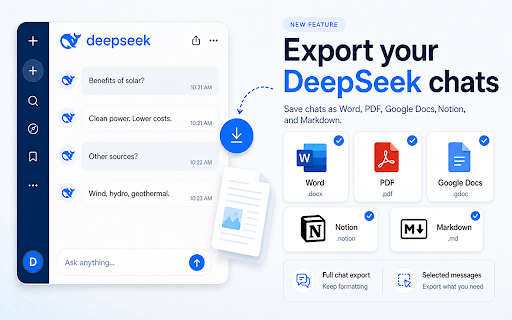 Chat Exporter for DeepSeek — Word, PDF, Google Docs, Markdown & Notion :: Save DeepSeek chats as Word, PDF, Google Docs, Markdown or Notion in one click. Export full conversations or selected messages.