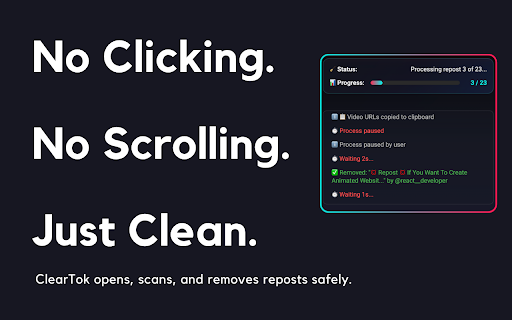 ClearTok - TikTok Repost Remover :: Instantly remove all your TikTok reposts—no scrolling, no tapping.