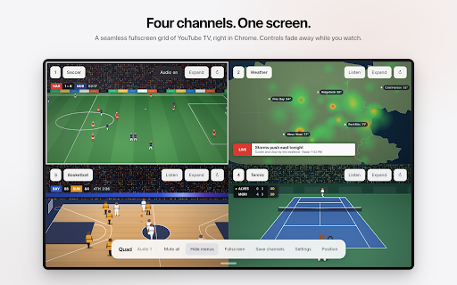 Quad — YouTube TV Multiview :: YouTube TV multiview for Chrome. Watch up to 4 games side by side in one fullscreen grid and switch the sound with a click.