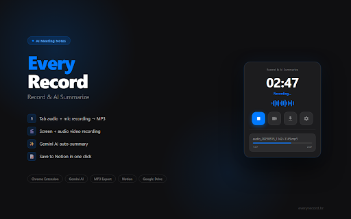 Every Record :: Record audio & video, transcribe with Gemini AI, and auto-save meeting notes to Notion — all in one click.