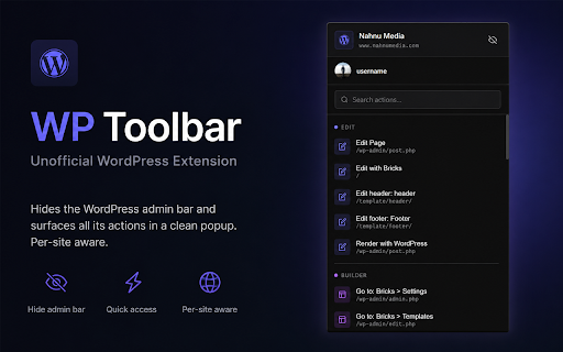 WP Admin Bar Manager :: Hide the WordPress admin bar and access all its actions from a clean popup. Per-site settings. Unofficial WP extension.