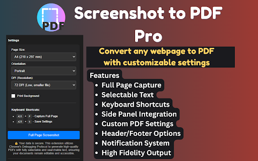 Screenshot to PDF Pro - Full Page Converter :: Convert any webpage to high-quality PDF with customizable settings. Full page screenshot with selectable text.
