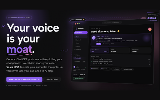 VoiceMoat for X :: AI-powered replies on X/Twitter in your authentic voice. Powered by your VoiceMoat voice profile and Auden AI.