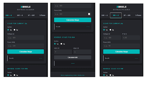 XBRELE Electrical Calculator :: Offline electrical calculator for kVA, kW, HP, and 3-Phase power calculations.