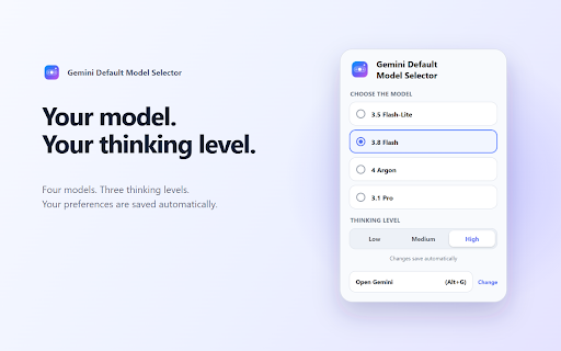 Gemini Default Model Selector :: Automatically applies your preferred Gemini model and thinking level when Gemini opens.