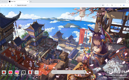 Anime Fox Girl Cherry Blossom City Live Wallpaper :: Enter a cherry blossom city with an anime fox girl in this dreamy live wallpaper for your Chrome new tab.