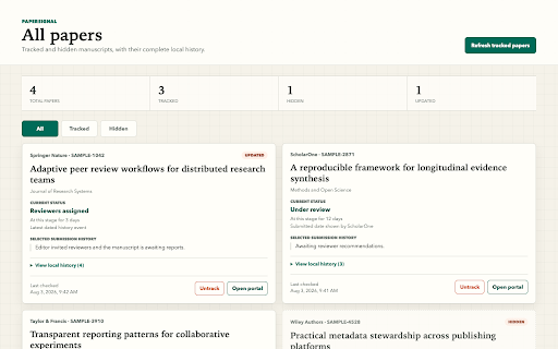 PaperSignal :: Track manuscript progress across major publisher portals, including Editorial Manager, MDPI, and Nature Portfolio.
