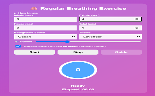 Regular Breathing Exercise :: A guided breathing exercise with adjustable timing, ambient sounds, and rhythm chimes. Click the icon to open it in a new tab.