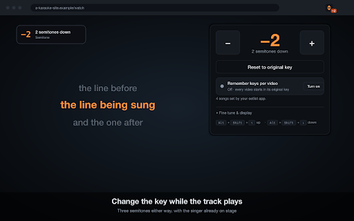 Semitone — karaoke key control :: Change the key of any karaoke track, live. Transpose up or down by semitones on YouTube, Smule or a local file.