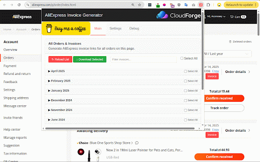 AliExpress Invoice Download :: Automatically finds order IDs, fetches invoice IDs, and generates invoice download links on AliExpress