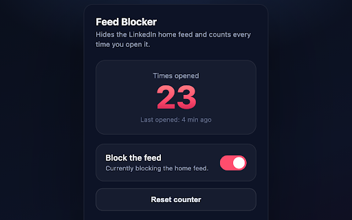 LinkedIn Feed Blocker - Shame Counter :: Hides your LinkedIn feed and counts how many times you've opened it. The rest of LinkedIn keeps working.