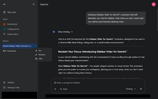 Sidebar Hider for Gemini™ :: Clean up your sidebar by hiding specific chats without deleting them.