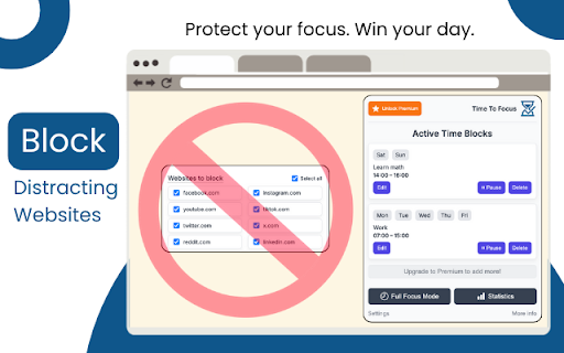 Time To Focus: Block Distracting Websites :: Block distractions with scheduled time blocks, set goals, and stay focused with Full Focus (Pomodoro) Mode.