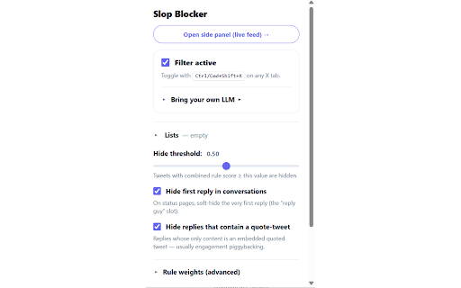 Slop Blocker :: Local-first browser extension that filters bots, AI-generated replies, and keyword-matched content on Twitter/X.