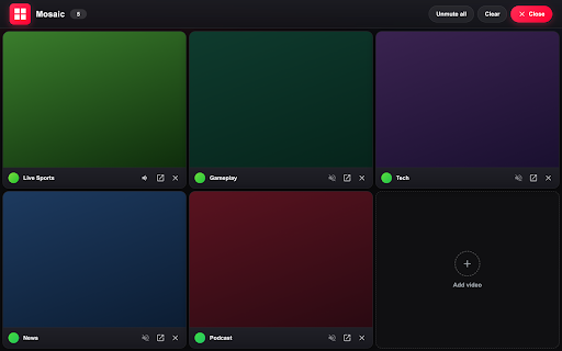 Mosaic — Multi-View for YouTube :: Watch many YouTube videos at once in an auto-arranging mosaic. Add videos while you browse and watch them all together.