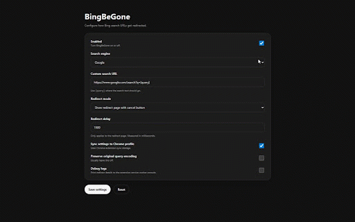 BingBeGone :: Redirect Bing searches to your preferred search engine.