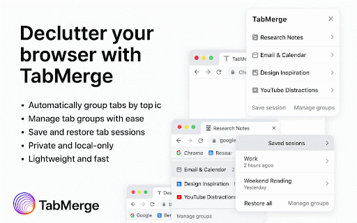 TabMerge :: Auto-group tabs by topic. Collapse clutter. Breathe again.