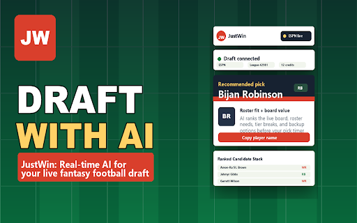 JustWin: real-time AI recommendations for your live fantasy football draft :: JustWin is an AI-powered desktop Chrome extension that provides real-time recommendations for your live fantasy football draft.