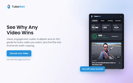 TubeGen for YouTube :: YouTube analytics overlay by TubeGen - live stats computed from the page you are on.
