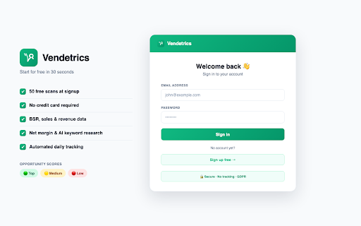 Vendetrics — Analyze Amazon, eBay & Walmart :: Analyze Amazon, eBay and Walmart products in 1 click: BSR, estimated sales, revenue and AI opportunity score.