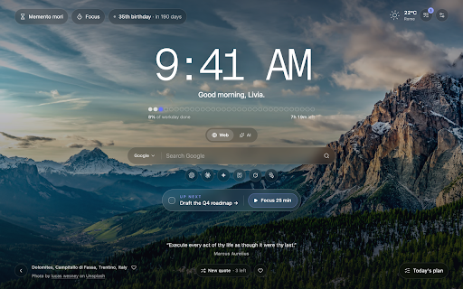 Morimantra New Tab :: A calm daily launchpad on every new tab: clock, search, daily mantra and scenery, weather, and your next task.