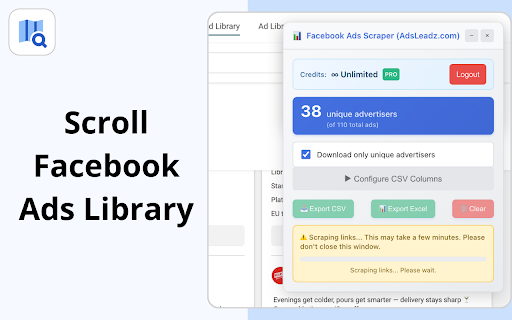 Facebook Ads Library Scraper | Downloader :: Extract data from Facebook Ad Library: videos, texts, IDs. Export to CSV/JSON. Auto-load all ads.