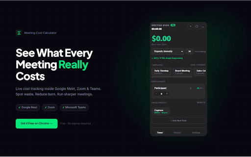 Meeting Cost Calculator :: Premium real-time meeting cost calculator for Google Meet, Zoom, and Teams. Track ROI of your time.