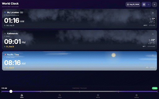 Timezone Tracker :: Manage and compare times across locations with intuitive search and interactive time slider.