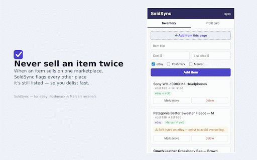 SoldSync — Reseller Inventory & Oversell Tracker :: Track what you've listed where across eBay, Poshmark & Mercari and never accidentally sell the same item twice.