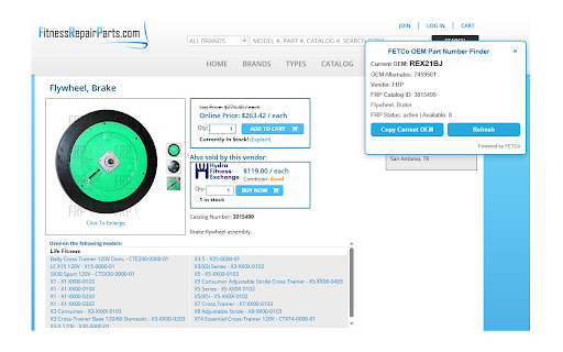 FETCo OEM Part Number Finder :: Displays OEM manufacturer part numbers, alternate OEM numbers, and related part info from supported fitness equipment parts websites