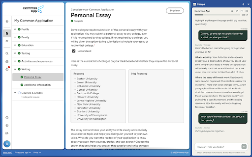 Common App College Counselor | Sherpa 2026-27 :: Get expert guidance beside your Common App for the 2026–27 cycle. 24/7 help on activities, essays, college supplements, and more.