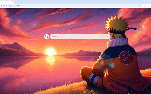Naruto Sunset Live Wallpaper :: Naruto sits peacefully by a lake, watching a stunning sunset with purple and orange skies reflecting on calm waters.