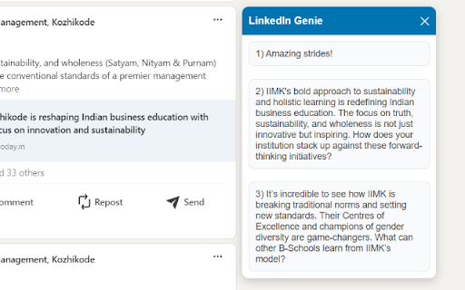 LinkedIn Genie :: This extension allows users to quickly insert predefined comments into LinkedIn posts. It streamlines the process of commenting by…