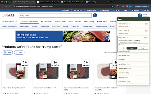 Bean basket assist :: Add your Bean shopping list to your Tesco basket: review each suggested product and tap to add. Never touches checkout or payment.