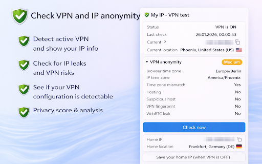My IP - VPN test :: Checks VPN status by comparing your current public IP with a saved Home IP baseline.