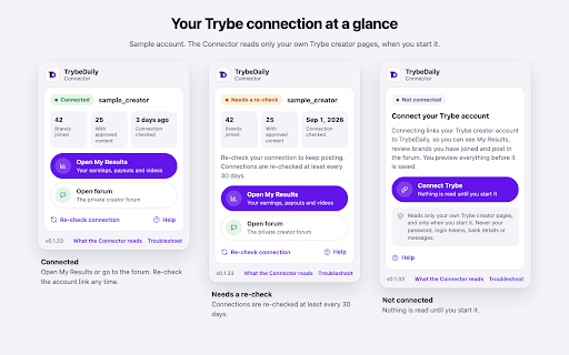 TrybeDaily Connector :: Connect Trybe to TrybeDaily and see your own Trybe earnings and videos in My Results. No passwords or login tokens are read.