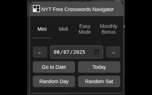 NYT Free Crosswords Navigator :: Quickly navigate the freely available NYT Crosswords' daily Mini, weekly Easy Mode, new Midi, or monthly Bonus puzzles.