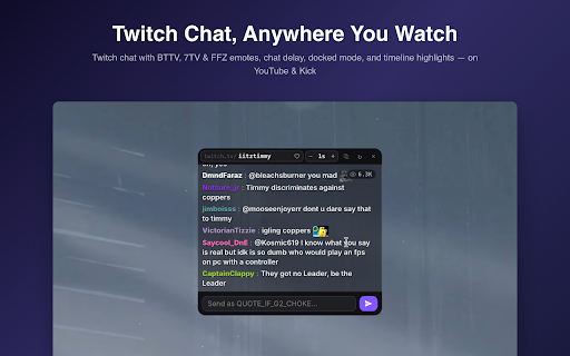 Meridian — Twitch Chat for YouTube™ & Kick :: Bring Twitch chat to YouTube™ & Kick. Transparent overlay, docked mode, 3rd-party emotes, chat delay, highlights.