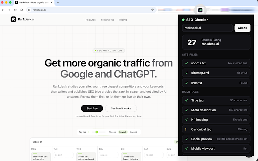 Rankdesk SEO Checker - Domain Rating & Site Files :: One click SEO audit: Domain Rating, Page Rank, robots.txt, sitemap.xml, llms.txt plus title, meta, H1, canonical and schema checks.